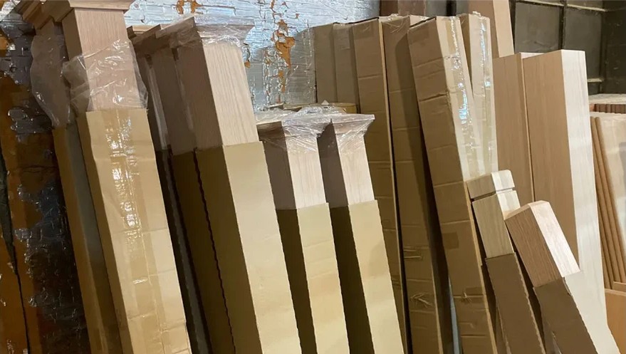 Red oak newel posts stocked at the yard